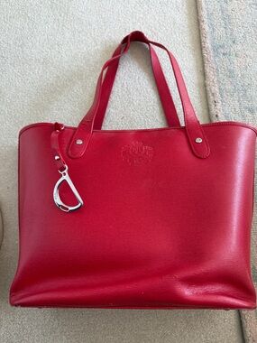 Ralph Lauren Red Leather Tote with Silver-Tone Charm